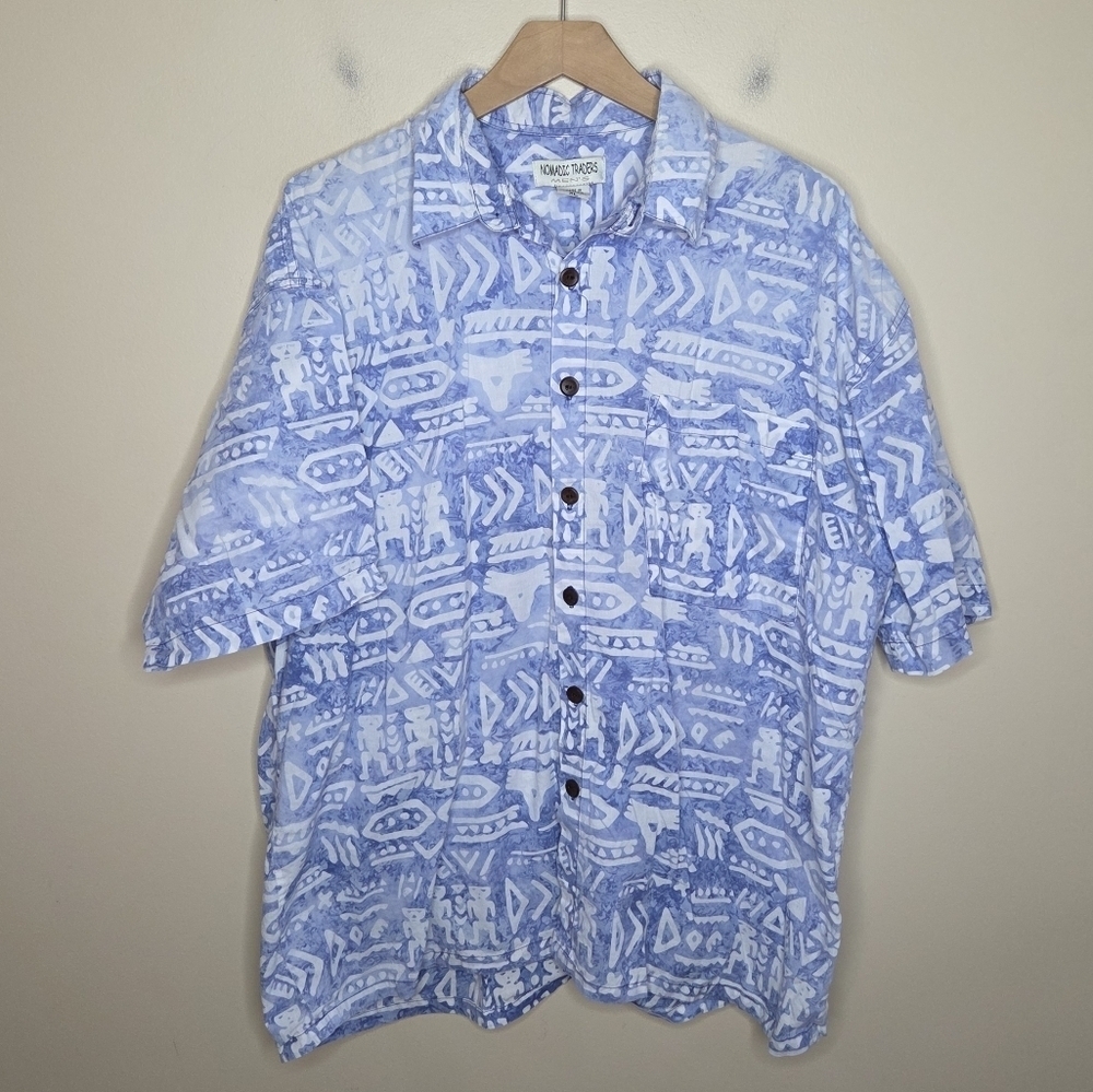 Nomadic Traders | Blue Tribal Hieroglyphic Print Short Sleeve Shirt Size XL